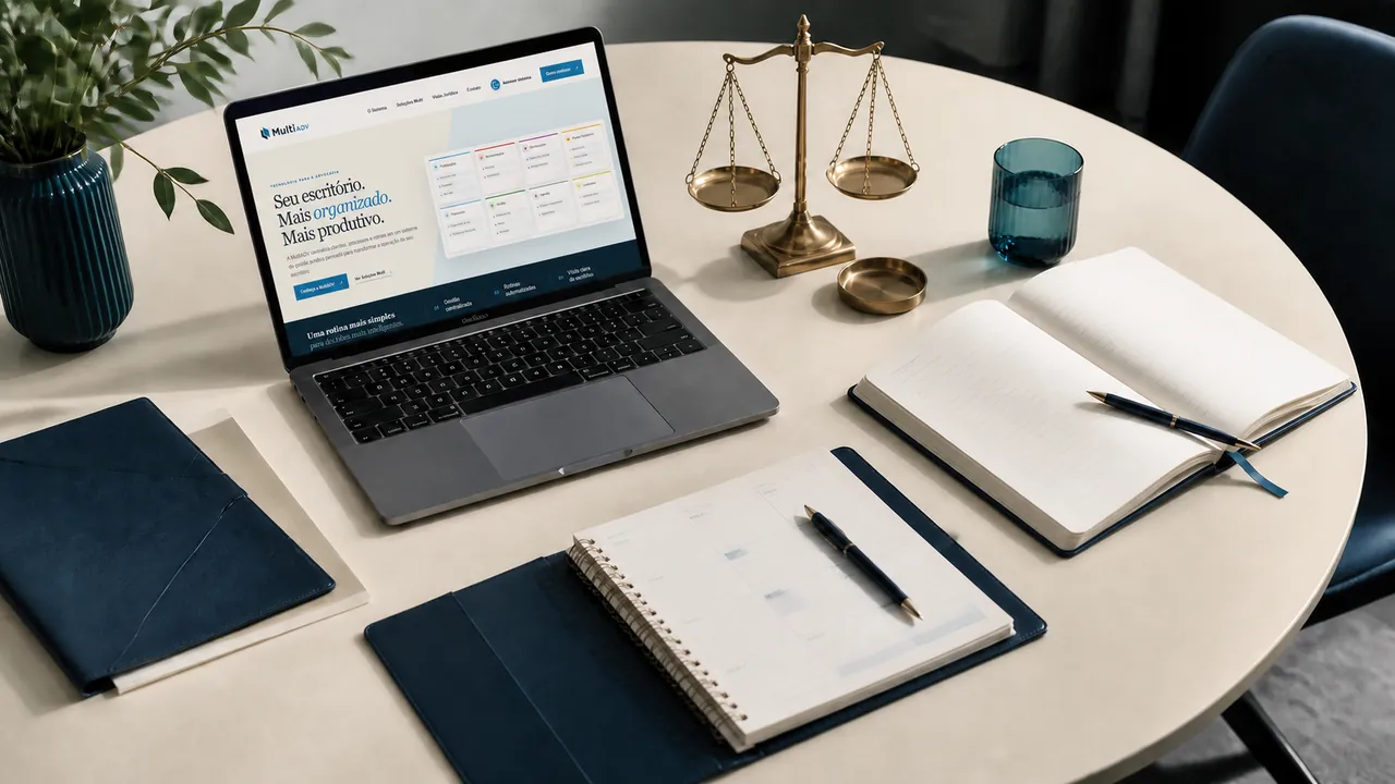 Mesa de reunião com cadernos e computador exibindo o site da MultiADV