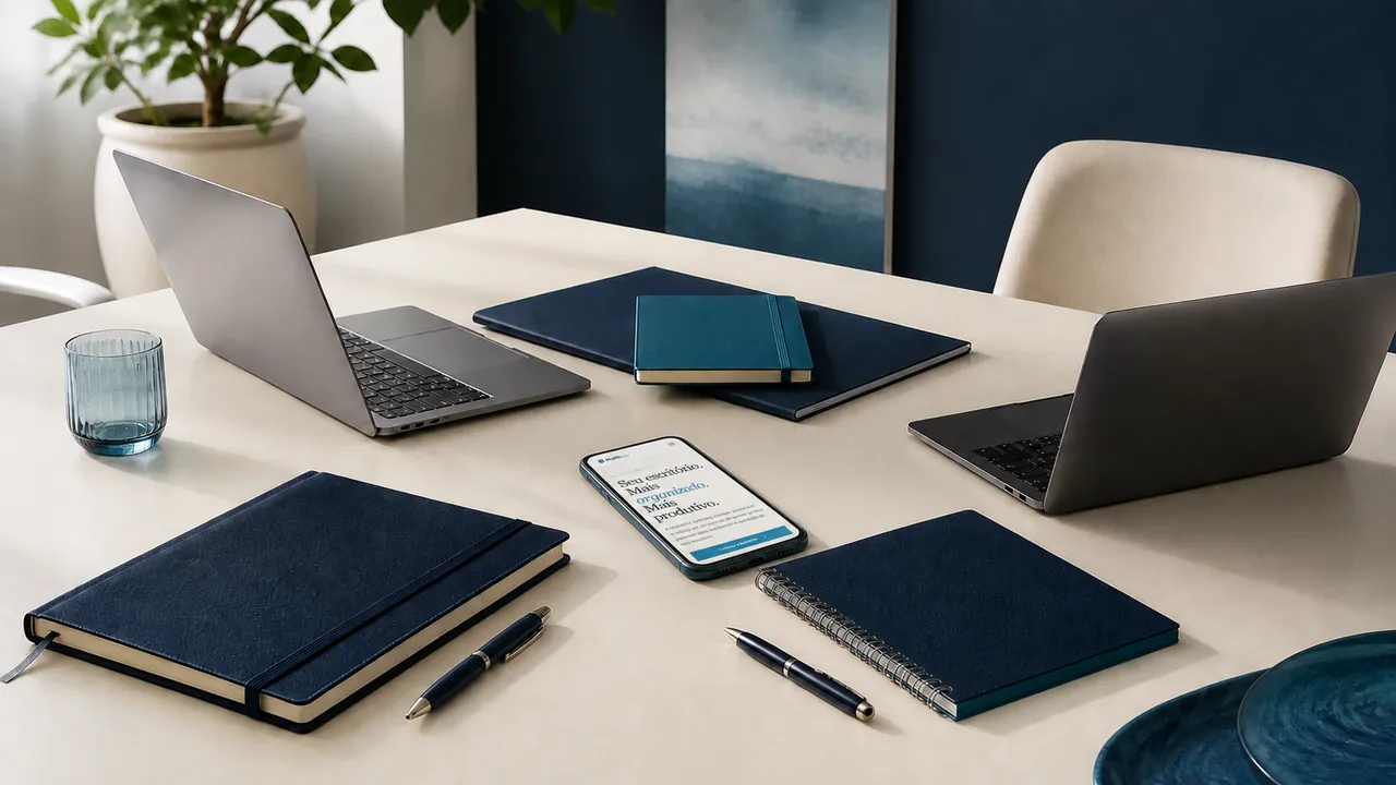 Mesa de equipe com cadernos, computadores e celular com o site MultiADV