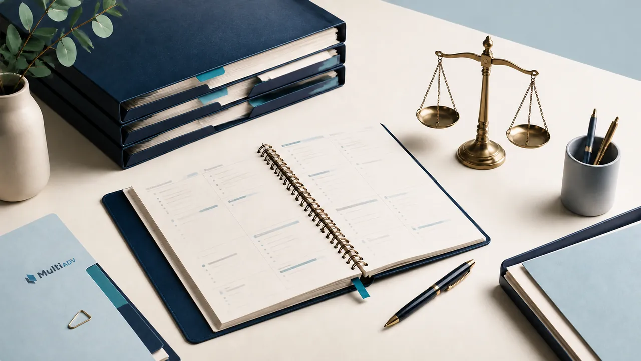 Agenda semanal e pastas com a marca MultiADV em uma mesa organizada