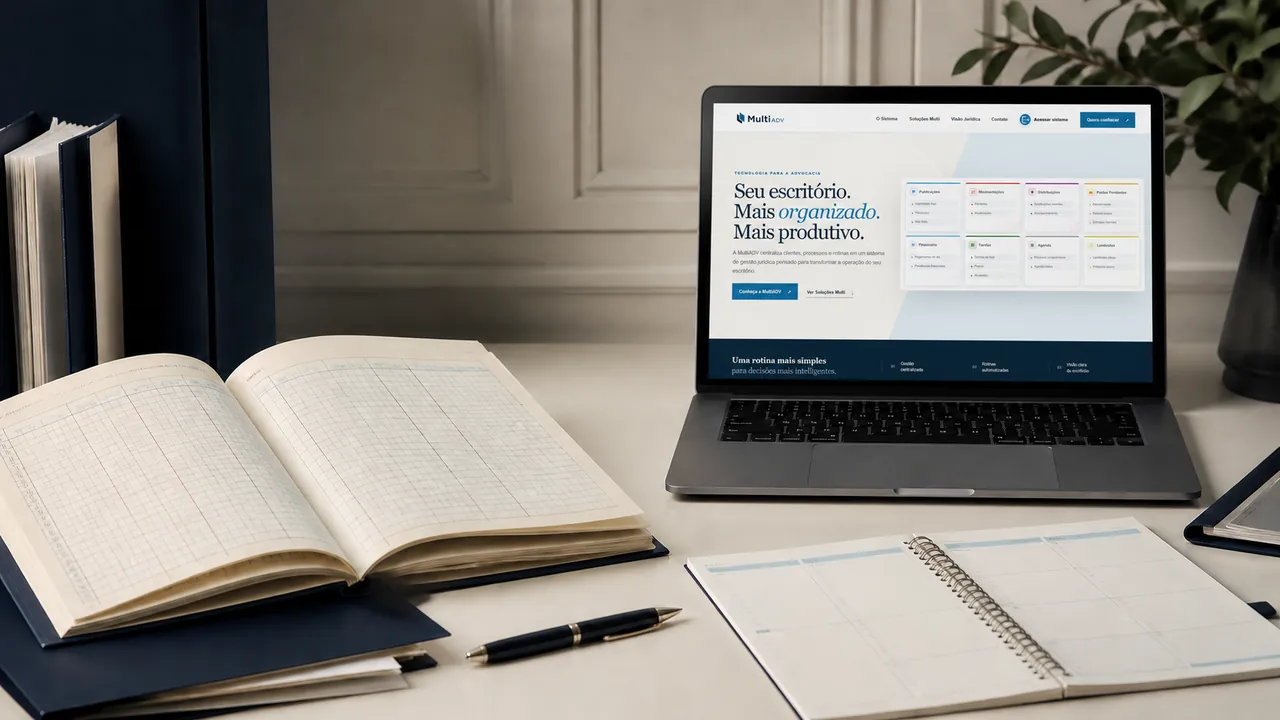 Planilha em papel ao lado de computador com o site da MultiADV