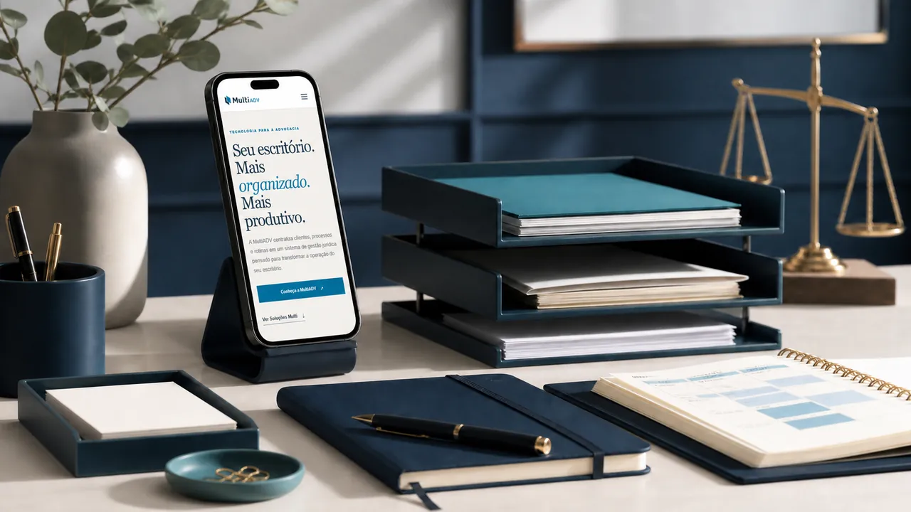 Celular com o site da MultiADV e documentos de atendimento organizados